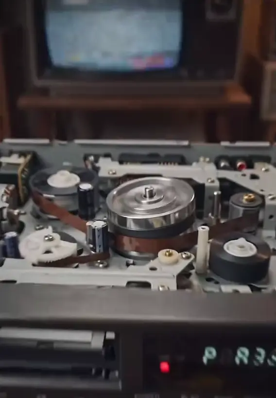 Magnétoscope VHS remonté, posé sur un établi