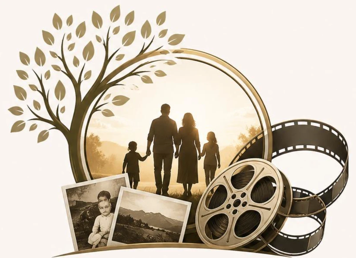 Un arbre doré, une famille qui marche au soleil couchant, des photos anciennes et une bobine de film